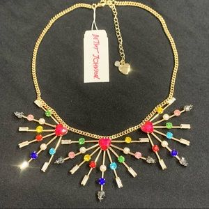 BETSEY JOHNSON Goldtone Multi-Color STATEMENT NECKLACE! Rainbow Fireworks Hearts